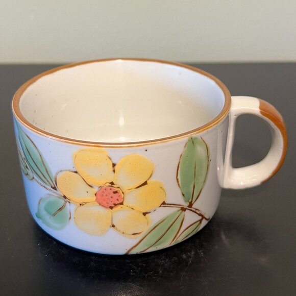 Vintage OTAGIRI Yellow Floral Stoneware Soup Mug Bowl ~ Gray w/ Brown Speckles - Picture 2 of 10